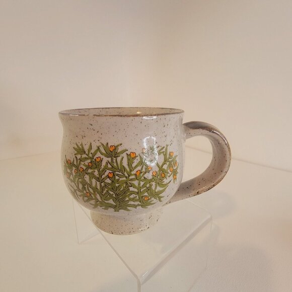 Vintage Takahashi Stoneware Speckled Coffee Tea Mug with Orange Flowers Pedastal - Picture 1 of 8